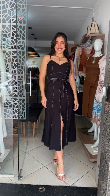 Vestido mídi pespontado, alça fina