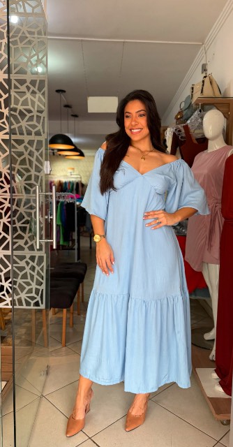 Vestido longo babado barra c/manga morcego