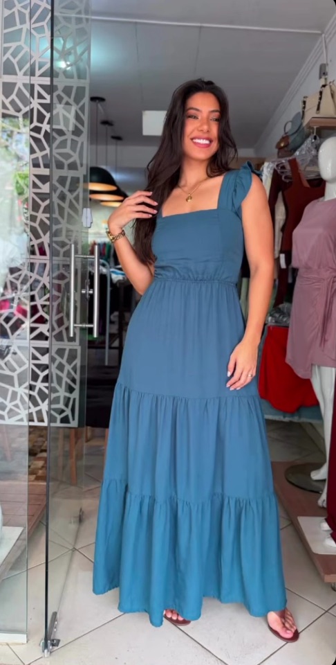 Vestido longo alça babado