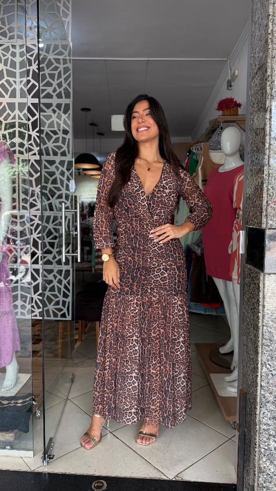 VESTIDO  LONGO TULE ONÇA MG.LONGA