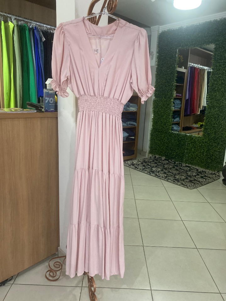 Vestido longo manga curto elastec cintura