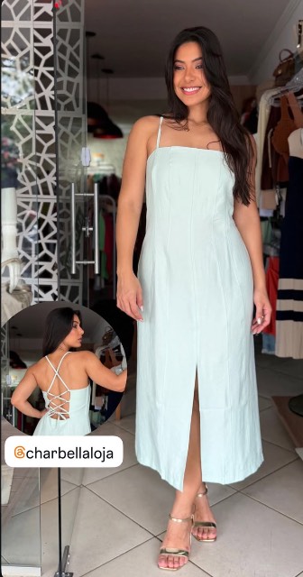 Vestido mídi alça fina, trançado nas costas