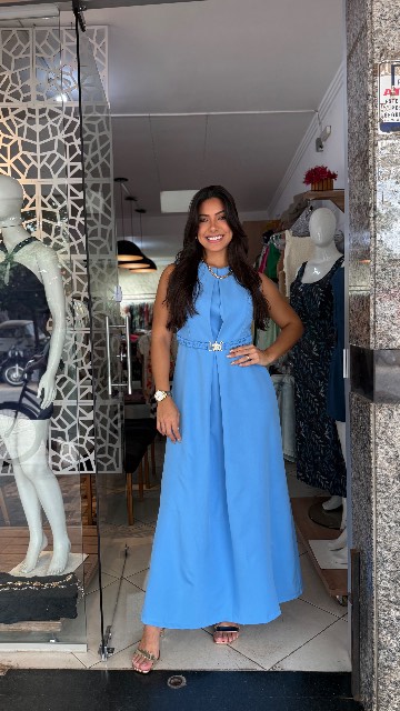 Vestido longo alfaiataria com cinto estrela do mar